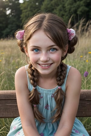 A whimsical portrait of a random, beautiful 7-year-old girl sitting on a rustic wooden bench amidst a lush meadow, surrounded by vibrant wildflowers and tall grasses. The warm sunlight casts a gentle glow on her smiling face, with her curly brown hair tied in pigtails and her bright blue eyes sparkling with innocence.