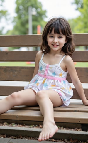 "Chloe, a 12-year-old with a petite and adorable frame, sitting joyfully at the bench. Seated with her legs spread out, her playful dress  has shifted, revealing a hint of her cute underwear. Chloe’s lively and enthusiastic nature adds to the fun atmosphere."