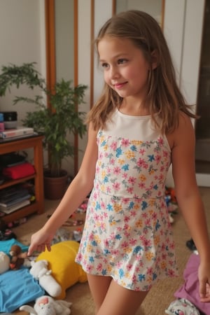 A quiet Afternoon at home. The 8-year-old tween Girl is surprised by Spontaneous Shot in her natural habitat. the camera captures a carefree moment. playfulness. surrounded by scattered plush toys and clothing scattered across the floor. She wears a very colourful and sexy dress and has natural eyes. Childlike charm.