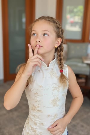 Envision a cute little girl, with blonde hair, blue eyes, ((kiss pose)), wearing 2 golden star earrings, white clothes, cheongsam with golden thread embroidery, steel chestpad, holding a face mask with the right hand, symmetrical, looking up, ((adorable expression)), full body, hair strand, Fair skin, glistening, 2 side braids, best quality, masterpiece, sharp focus, super detailed, 8k, high angle photo, close up, high contrast, (((tween, preteen, 7-year-old, 4k))), AIDA_LoRA_AnC, ((looking up her clothes)),