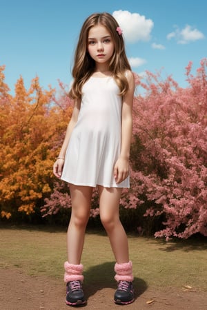 Full body view of an angelic eye, tween girl with a well-formed hot body, 100 times prettier tween girl. hot childish outdoor unique one of a kind style Fashion wear. Simple background, plenty of skin on show, sexy pose.