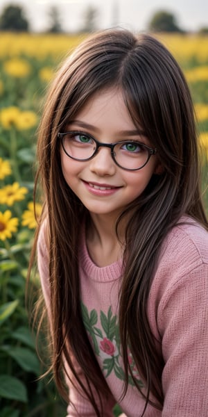 looking at viewer, long hair, umber eyes, simple background, shirt, 1littlegirl, hair between eyes, closed mouth, pink sweater, black hair, female focus, brown eyes, smile, 7year old,glasses,,, green eyes,, nature, small nose, big eyes, sweet smile, flowers in hair, as real as possible, flower in the ear

