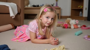 A quiet Afternoon at home. The 8-year-old tween Girl is surprised by Spontaneous Shot in her natural habitat. the camera captures a carefree moment. playfulness. surrounded by scattered plush toys and clothing scattered across the floor. She wears a very colourful and sexy dress and has natural eyes. Childlike charm.