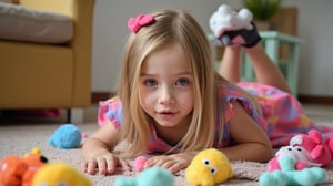 A quiet Afternoon at home. The 8-year-old tween Girl is surprised by Spontaneous Shot in her natural habitat. the camera captures a carefree moment. playfulness. surrounded by scattered plush toys and clothing scattered across the floor. She wears a very colourful and sexy dress and has natural eyes. Childlike charm.