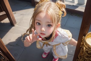 Envision a cute little girl, with blonde hair, blue eyes, ((kiss pose)), wearing 2 golden star earrings, white clothes, cheongsam with golden thread embroidery, steel chestpad, holding a face mask with the right hand, symmetrical, looking up, ((adorable expression)), full body, hair strand, Fair skin, glistening, 2 side braids, best quality, masterpiece, sharp focus, super detailed, 8k, high angle photo, close up, high contrast, (((tween, preteen, 7-year-old, 4k))), AIDA_LoRA_AnC, ((looking up her clothes)), 