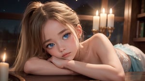 A whimsical still life: a youthful angel reclines in a cozy sanctuary, bathed in soft moonlight and candlelight. Her piercing blue eyes gaze directly at us, as she starts to cry, her expression a poignant mix of sadness and worry. Long, light blonde hair cascades down, framing her heart-shaped face with bangs and a ponytail. Her elegant body can be seen by the viewer, who can admire her beautiful feamle form. inviting us into this serene scene.