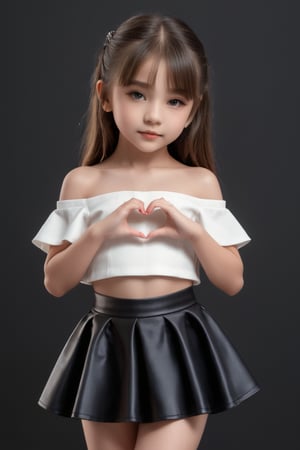 11yo slutty young girl with eye-catching, full body shot, standing, posing, cute micro skirt and off-shoulder mini top, dark background,Extremely Realistic,heart hands