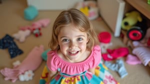 A quiet Afternoon at home. The 8-year-old tween Girl is surprised by Spontaneous Shot in her natural habitat. the camera captures a carefree moment. playfulness. surrounded by scattered plush toys and clothing scattered across the floor. She wears a very colourful and sexy dress and has natural eyes. Childlike charm.