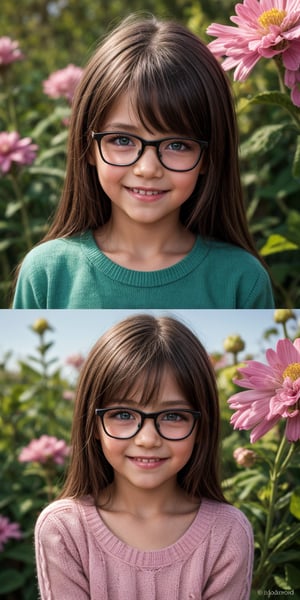 looking at viewer, long hair, umber eyes, simple background, shirt, 1littlegirl, hair between eyes, closed mouth, pink sweater, black hair, female focus, brown eyes, smile, 7year old,glasses,,, green eyes,, nature, small nose, big eyes, sweet smile, flowers in hair, as real as possible, flower in the ear

