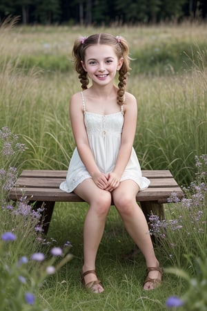 A whimsical portrait of a random, beautiful 7-year-old girl sitting on a rustic wooden bench amidst a lush meadow, surrounded by vibrant wildflowers and tall grasses. The warm sunlight casts a gentle glow on her smiling face, with her curly brown hair tied in pigtails and her bright blue eyes sparkling with innocence.