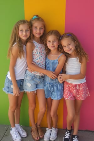 Full-body view of four beautiful-eyed, tween girls with a well-formed hot body who are friends, 100 times prettier tween girls. Hot childish outdoor unique one-of-a-kind style Fashion wear. Vibrant background, plenty of skin on show, They are huddled together while they show their love for one another, while looking sexy.for the camera. They have hands held or arms around each other, They showcase their love for each of their friends. Each of the girls looks completely different to one another. Slavic girls, Bruitish girls, Austrailian girls, American Girls. Each girl wears their own style, each irls has different coloured eyes and hair. These girls are not sisters and their faces look different to one and another.