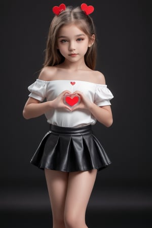 11yo slutty young girl with eye-catching, full body shot, standing, posing, cute micro skirt and off-shoulder mini top, dark background,Extremely Realistic,heart hands