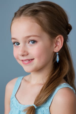 (8k, masterpiece, best quality, high res), little girl, long hair, ((hair pulled back hairstyles)), pale blue eyes, , brown hair with blue steaks,  smile,(closed mouth:1.2) , delicate eyes, delicate face, hair accessories,focus, portrait, 7-year-old-tween