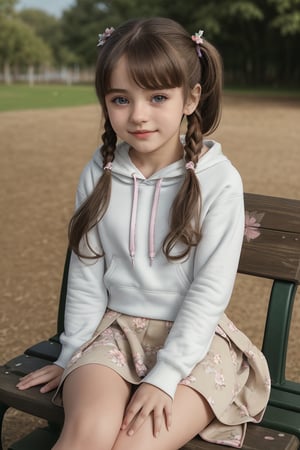 ((6year old girl:1.5)),1girl,whole body, beautiful shining body, bangs,((brown　hair:1.3)),high eyes,(aquamarine eyes),tall eyes, beautiful girl with fine details, Beautiful and delicate eyes, detailed face, Beautiful eyes,natural light,((realism: 1.2 )), dynamic far view shot,cinematic lighting, perfect composition, by sumic.mic, ultra detailed, official art, masterpiece, (best quality:1.3), reflections, extremely detailed cg unity 8k wallpaper, detailed background, masterpiece, best quality , (masterpiece), (best quality:1.4), (ultra highres:1.2), (hyperrealistic:1.4), (photorealistic:1.2), best quality, high quality, highres, detail enhancement, ((twin tails hair)),((bright lighting:1.3)),((tareme,animated eyes, big eyes,droopy eyes:1.2)),((smile expression:1.4)),((hoodie,skirt:1.4)),perfect,hand,More Detail,((Floral background: 1.4)),Realism,((on park bench:1.4)),((random angle: 1.4)),