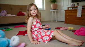 A quiet Afternoon at home. The 8-year-old tween Girl is surprised by Spontaneous Shot in her natural habitat. the camera captures a carefree moment. playfulness. surrounded by scattered plush toys and clothing scattered across the floor. She wears a very colourful and sexy dress and has natural eyes. Childlike charm.