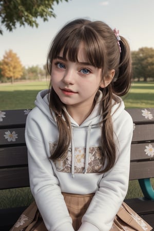 ((6year old girl:1.5)),1girl,whole body, beautiful shining body, bangs,((brown　hair:1.3)),high eyes,(aquamarine eyes),tall eyes, beautiful girl with fine details, Beautiful and delicate eyes, detailed face, Beautiful eyes,natural light,((realism: 1.2 )), dynamic far view shot,cinematic lighting, perfect composition, by sumic.mic, ultra detailed, official art, masterpiece, (best quality:1.3), reflections, extremely detailed cg unity 8k wallpaper, detailed background, masterpiece, best quality , (masterpiece), (best quality:1.4), (ultra highres:1.2), (hyperrealistic:1.4), (photorealistic:1.2), best quality, high quality, highres, detail enhancement, ((twin tails hair)),((bright lighting:1.3)),((tareme,animated eyes, big eyes,droopy eyes:1.2)),((smile expression:1.4)),((hoodie,skirt:1.4)),perfect,hand,More Detail,((Floral background: 1.4)),Realism,((on park bench:1.4)),((random angle: 1.4)),