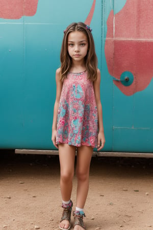 Full-body view of an aqua-eyed tween girl with a well-formed hot body, 100 times prettier tween girl. Hot childish outdoor unique one-of-a-kind style Fashion wear. Simple background, plenty of skin on show, sexy pose. SFW.