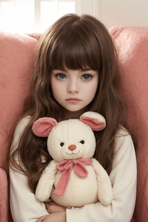 tween girl, masterpiece, looking scared, holding tightly to a cuddly toy, long hair with bangs.