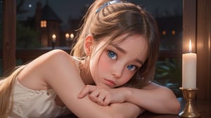 A whimsical still life: a youthful angel reclines in a cozy sanctuary, bathed in soft moonlight and candlelight. Her piercing blue eyes gaze directly at us, as she starts to cry, her expression a poignant mix of sadness and worry. Long, light blonde hair cascades down, framing her heart-shaped face with bangs and a ponytail. Her elegant body can be seen by the viewer, who can admire her beautiful feamle form. inviting us into this serene scene.