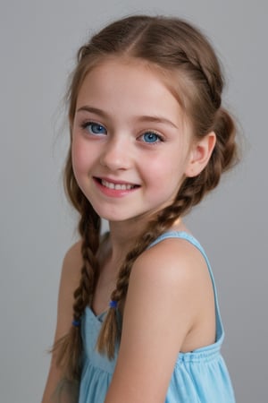 (8k, masterpiece, best quality, high res), little girl, long hair, ((hair pulled back hairstyles)), pale blue eyes, , brown hair with blue steaks,  smile,(closed mouth:1.2) , delicate eyes, delicate face, hair accessories,focus, portrait, 7-year-old-tween