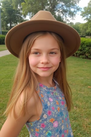 Portrait of a Pretty young girl (Half body), 11 years old, slim, cute face, tween, thin, long blond_hair, wearing cute little colorful dress, shy smile, closed eyes, chin up, head up, style hat, some freckles on the face, side view, from below, sunny day, at the park, deep background, Extremely Realistic, scenery