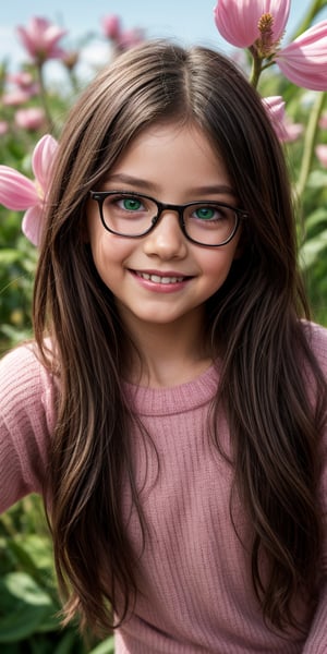 looking at viewer, long hair, umber eyes, simple background, shirt, 1littlegirl, hair between eyes, closed mouth, pink sweater, black hair, female focus, brown eyes, smile, 7year old,glasses,,, green eyes,, nature, small nose, big eyes, sweet smile, flowers in hair, as real as possible, flower in the ear

