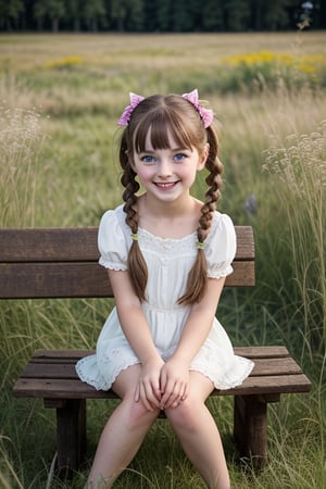 A whimsical portrait of a random, beautiful 7-year-old girl sitting on a rustic wooden bench amidst a lush meadow, surrounded by vibrant wildflowers and tall grasses. The warm sunlight casts a gentle glow on her smiling face, with her curly brown hair tied in pigtails and her bright blue eyes sparkling with innocence.