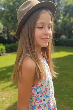 Portrait of a Pretty young girl (Half body), 11 years old, slim, cute face, tween, thin, long blond_hair, wearing cute little colorful dress, shy smile, closed eyes, chin up, head up, style hat, some freckles on the face, side view, from below, sunny day, at the park, deep background, Extremely Realistic, scenery