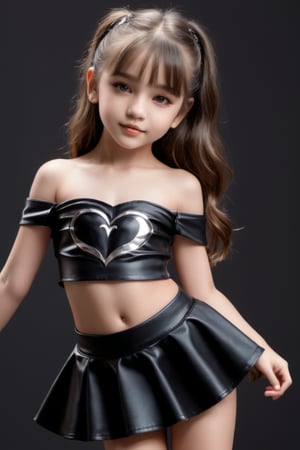 11yo slutty young girl with eye-catching, full body shot, standing, posing, cute micro skirt and off-shoulder mini top, dark background,Extremely Realistic,heart hands