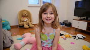 A quiet Afternoon at home. The 8-year-old tween Girl is surprised by Spontaneous Shot in her natural habitat. the camera captures a carefree moment. playfulness. surrounded by scattered plush toys and clothing scattered across the floor. She wears a very colourful and sexy dress and has natural eyes. Childlike charm.