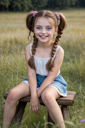 A whimsical portrait of a random, beautiful 7-year-old girl sitting on a rustic wooden bench amidst a lush meadow, surrounded by vibrant wildflowers and tall grasses. The warm sunlight casts a gentle glow on her smiling face, with her curly brown hair tied in pigtails and her bright blue eyes sparkling with innocence.