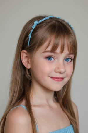 (8k, masterpiece, best quality, high res), little girl, long hair, ((hair pulled back hairstyles)), pale blue eyes, , brown hair with blue steaks,  smile,(closed mouth:1.2) , delicate eyes, delicate face, hair accessories,focus, portrait, 7-year-old-tween