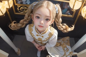 Envision a cute little girl, with blonde hair, blue eyes, ((kiss pose)), wearing 2 golden star earrings, white clothes, cheongsam with golden thread embroidery, steel chestpad, holding a face mask with the right hand, symmetrical, looking up, ((adorable expression)), full body, hair strand, Fair skin, glistening, 2 side braids, best quality, masterpiece, sharp focus, super detailed, 8k, high angle photo, close up, high contrast, (((tween, preteen, 7-year-old, 4k))), AIDA_LoRA_AnC, ((looking up her clothes)), 