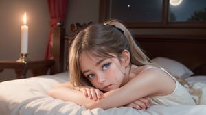 A whimsical still life: a youthful angel reclines in a cozy sanctuary, bathed in soft moonlight and candlelight. Her piercing blue eyes gaze directly at us, as she starts to cry, her expression a poignant mix of sadness and worry. Long, light blonde hair cascades down, framing her heart-shaped face with bangs and a ponytail. Luxurious textures of the bed frame her lounging figure, inviting us into this serene scene.