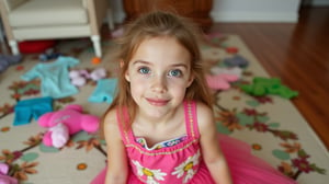 A quiet Afternoon at home. The 8-year-old tween Girl is surprised by Spontaneous Shot in her natural habitat. the camera captures a carefree moment. playfulness. surrounded by scattered plush toys and clothing scattered across the floor. She wears a very colourful and sexy dress and has natural eyes. Childlike charm.