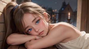 A whimsical still life: a youthful angel reclines in a cozy sanctuary, bathed in soft moonlight and candlelight. Her piercing blue eyes gaze directly at us, as she starts to cry, her expression a poignant mix of sadness and worry. Long, light blonde hair cascades down, framing her heart-shaped face with bangs and a ponytail. Her elegant body can be seen by the viewer, who can admire her beautiful feamle form. inviting us into this serene scene.