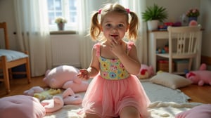 A quiet Afternoon at home. The 8-year-old tween Girl is surprised by Spontaneous Shot in her natural habitat. the camera captures a carefree moment. playfulness. surrounded by scattered plush toys and clothing scattered across the floor. She wears a very colourful and sexy dress and has natural eyes. Childlike charm.