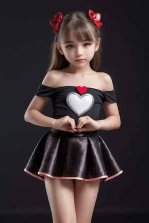 11yo slutty young girl with eye-catching, full body shot, standing, posing, cute micro skirt and off-shoulder mini top, dark background,Extremely Realistic,heart hands