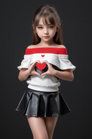 11yo slutty young girl with eye-catching, full body shot, standing, posing, cute micro skirt and off-shoulder mini top, dark background,Extremely Realistic,heart hands