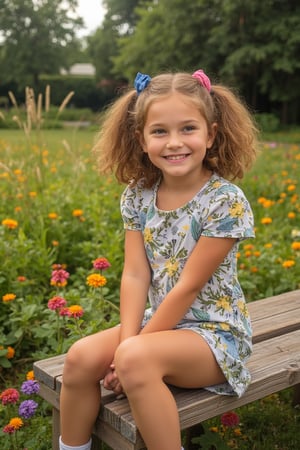 A whimsical portrait of a random, beautiful 7-year-old girl sitting on a rustic wooden bench amidst a lush meadow, surrounded by vibrant wildflowers and tall grasses. The warm sunlight casts a gentle glow on her smiling face, with her curly brown hair tied in pigtails and her bright blue eyes sparkling with innocence.