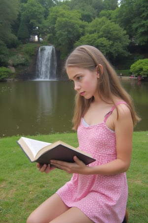 Elegant blue eyes, knelt in a beautiful park by the lake with a waterfall reading a book. She is wearing a pretty pink dress.