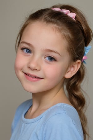 (8k, masterpiece, best quality, high res), little girl, long hair, ((hair pulled back hairstyles)), pale blue eyes, , brown hair with blue steaks,  smile,(closed mouth:1.2) , delicate eyes, delicate face, hair accessories,focus, portrait, 7-year-old-tween