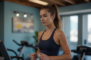 Beautiful girl running on treadmill, doing sports. She wears fitted sportswear. Her hair is tied up in a ponytail. photography, hyper realism