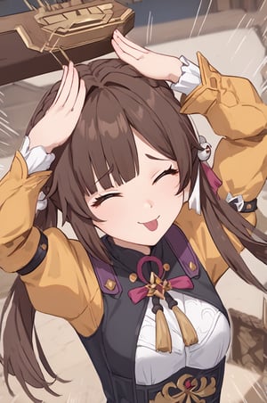 8K,4K,masterpiece,best quality,High quality eye details,., sushangdef, brown eyes, brown hair, twintails, braid, hair ornament,EminemThrowingMeme,motion lines, motion blur,throwing,(throwing object:1.2),closed eyes, tongue out, hands on own head, smile, upper body