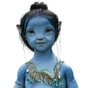 a pretty na'vi baby , 1_girl, ((ariana greenblatt)) 6 months old, no eyebrows, light blue eyes, ,Na'vi,Read description,Neytiri,Tsireya, not cross eyed ((blank background))