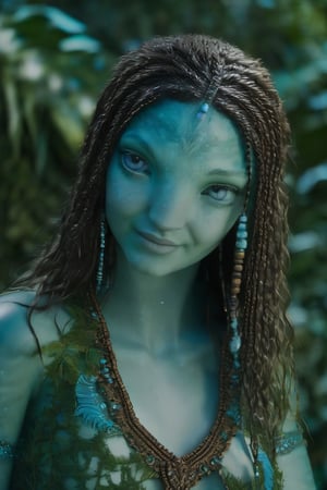 Beautiful na’vi, female, ((Jennifer Stone)), aqua skin, mother, jewelry, black curly hair, blue eyes, ((forest with trees:background)), ((closeup)), ((night time)), movie scene, freckles, detailed, hdr, high quality, movie still, visible tail, skin detail,no children in background,make her look 39 years old,give her wrinkels but not like an old person,dimond face shape,The hairstyle in the image features a series of thin, tight braids that are gathered at the back of the head. Some of these braids are adorned with small beads and metal clasps, adding a decorative touch. The hair is sectioned into several parts, with each braid meticulously crafted, giving the overall look a neat and well-maintained appearance. This style suggests a significant amount of time and skill to create.