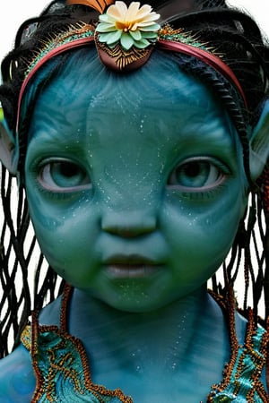 a pretty na'vi toddler , 1_girl, ((ariana greenblatt)) 6 months old, no eyebrows, light blue eyes, happy,Na'vi,Read description,Neytiri, not cross eyed ((blank background)) curly hair