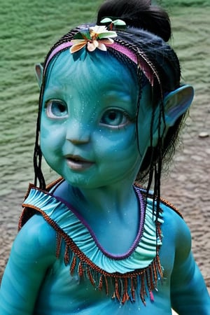 a pretty na'vi baby , 1_girl, ((ariana greenblatt)) 6 months old, no eyebrows, light blue eyes, happy,Na'vi,Read description,Neytiri,Tsireya, not cross eyed