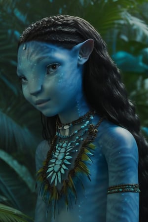 Beautiful na’vi, ((Brooklynn Prince)), dark blue skin, child, young, jewelry, black hair, light blue eyes, aqua_earrings, ((jungle:background)), ((closeup)), movie scene, freckles, detailed, hdr, high quality, movie still, visible tail, skin detail,ADD MORE DETAIL 