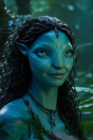 Beautiful na’vi, female, ((Jennifer Stone)), aqua skin, mother, jewelry, black curly hair, blue eyes, ((forest with trees:background)), ((closeup)), ((night time)), movie scene, freckles, detailed, hdr, high quality, movie still, visible tail, skin detail,no children in background,make her look 39 years old,give her wrinkels but not like an old person,